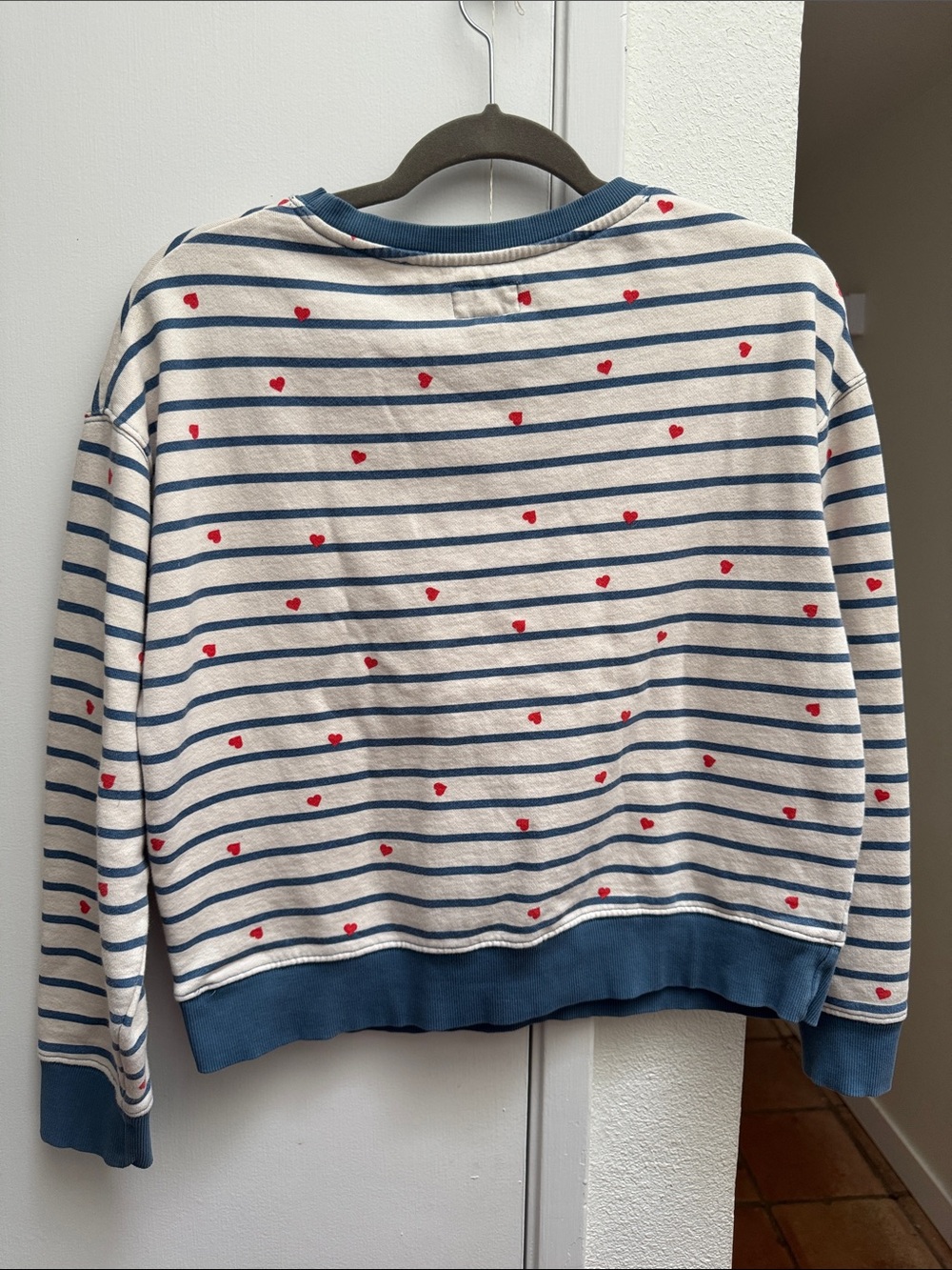 Pact Organic Cotton Cream and Blue Striped Sweatshirt with Red Hearts M - Picture 3 of 5